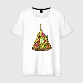 Мужская футболка хлопок с принтом Пицца глаз от John Art в Белгороде, 100% хлопок | прямой крой, круглый вырез горловины, длина до линии бедер, слегка спущенное плечо. | Тематика изображения на принте: глаз | еда | масоны | пицца | треугольник