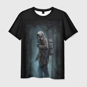 Мужская футболка 3D с принтом Chernobylite в лесу в Санкт-Петербурге, 100% полиэфир | прямой крой, круглый вырез горловины, длина до линии бедер | Тематика изображения на принте: chernobylite | противоогаз | темный лес | человек в противогазе