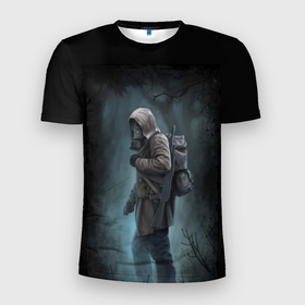 Мужская футболка 3D Slim с принтом Chernobylite в лесу в Белгороде, 100% полиэстер с улучшенными характеристиками | приталенный силуэт, круглая горловина, широкие плечи, сужается к линии бедра | chernobylite | противоогаз | темный лес | человек в противогазе