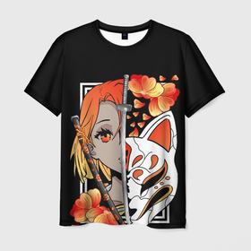 Мужская футболка 3D с принтом Samurai girl в Екатеринбурге, 100% полиэфир | прямой крой, круглый вырез горловины, длина до линии бедер | girl | japan | samurai | лис | маска | мечи | самурай | цветы