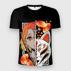 Мужская футболка 3D Slim с принтом Samurai girl в Тюмени, 100% полиэстер с улучшенными характеристиками | приталенный силуэт, круглая горловина, широкие плечи, сужается к линии бедра | girl | japan | samurai | лис | маска | мечи | самурай | цветы