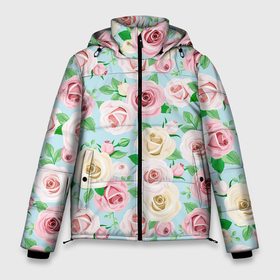 Мужская зимняя куртка 3D с принтом Цветущее поле роз в Тюмени, верх — 100% полиэстер; подкладка — 100% полиэстер; утеплитель — 100% полиэстер | длина ниже бедра, свободный силуэт Оверсайз. Есть воротник-стойка, отстегивающийся капюшон и ветрозащитная планка. 

Боковые карманы с листочкой на кнопках и внутренний карман на молнии. | арт | бе | белая роза | бутон | бутон розы | бутоны | бутоны роз | бутоны цветов | жёлтая роза | жёлтые бутоны | жёлтые розы | жёлтые цветы | жёлтый бутон | жёлтый цветок | рисунок | роза | розовая роза