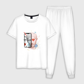 Мужская пижама хлопок с принтом Apollo God в Тюмени, 100% хлопок | брюки и футболка прямого кроя, без карманов, на брюках мягкая резинка на поясе и по низу штанин
 | аполлон | голова | греция | кибер | медиа | микс | модерн | статуя | эстетика