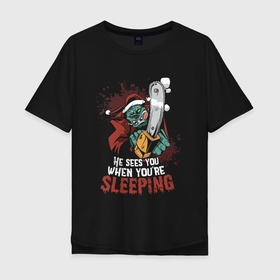 Мужская футболка хлопок Oversize с принтом Monster Santa в Санкт-Петербурге, 100% хлопок | свободный крой, круглый ворот, “спинка” длиннее передней части | bad santa | chainsaw | christmas | grinch | monster | new year | santa | арт | бензопила | гринч | монстр | новый год | рождество | санта