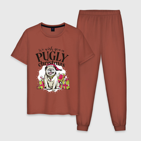 Мужская пижама хлопок с принтом Pugly Christmas в Петрозаводске, 100% хлопок | брюки и футболка прямого кроя, без карманов, на брюках мягкая резинка на поясе и по низу штанин
 | christmas | dog | drawing | gifts | new year | pug | pugly | мопс | новый год | пес | подарки | рисунок | рождество | собака
