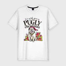 Мужская футболка хлопок Slim с принтом Pugly Christmas в Белгороде, 92% хлопок, 8% лайкра | приталенный силуэт, круглый вырез ворота, длина до линии бедра, короткий рукав | christmas | dog | drawing | gifts | new year | pug | pugly | мопс | новый год | пес | подарки | рисунок | рождество | собака