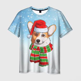 Мужская футболка 3D с принтом Новогодний Корги   New Years Corgi , 100% полиэфир | прямой крой, круглый вырез горловины, длина до линии бедер | christmas | corgi | dog | santa | дед мороз | елка | зима | корги | новый год | рождество | санта | снег | снегурочка | снежинка | собака | собачка | щенок