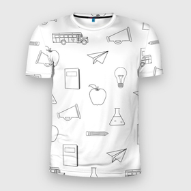 Мужская футболка 3D Slim с принтом эскизы простые в Курске, 100% полиэстер с улучшенными характеристиками | приталенный силуэт, круглая горловина, широкие плечи, сужается к линии бедра | автобус | детский | дневник | карандаш | лампочка | риснок | самолёт | эскиз | яблоко