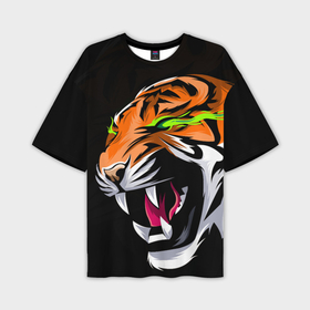 Мужская футболка OVERSIZE 3D с принтом Тигр, с зелеными глазами в Санкт-Петербурге,  |  | 2022 | amur tiger | beast | fangs | happy new year | merry christmas | new year | predator | snow | stars | stern grin | stern look | winter | year of the tiger | амурский тигр | год тигра | зверь | зима | клыки | новый год | снег | суровый взгл