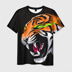 Мужская футболка 3D с принтом Тигр, с зелеными глазами , 100% полиэфир | прямой крой, круглый вырез горловины, длина до линии бедер | 2022 | amur tiger | beast | fangs | happy new year | merry christmas | new year | predator | snow | stars | stern grin | stern look | winter | year of the tiger | амурский тигр | год тигра | зверь | зима | клыки | новый год | снег | суровый взгл