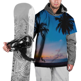 Накидка на куртку 3D с принтом Пляжное настроение в Новосибирске, 100% полиэстер |  | вечернеенебо | закат | море | облака | пальмы | песок | пляж