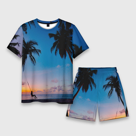 Мужской костюм с шортами 3D с принтом Пляжное настроение в Петрозаводске,  |  | вечернеенебо | закат | море | облака | пальмы | песок | пляж
