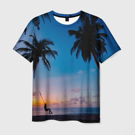 Мужская футболка 3D с принтом Пляжное настроение в Тюмени, 100% полиэфир | прямой крой, круглый вырез горловины, длина до линии бедер | вечернеенебо | закат | море | облака | пальмы | песок | пляж
