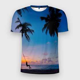 Мужская футболка 3D Slim с принтом Пляжное настроение в Белгороде, 100% полиэстер с улучшенными характеристиками | приталенный силуэт, круглая горловина, широкие плечи, сужается к линии бедра | вечернеенебо | закат | море | облака | пальмы | песок | пляж