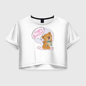 Женская футболка Crop-top 3D с принтом С днем рождения Медвежонок  10 в Санкт-Петербурге, 100% полиэстер | круглая горловина, длина футболки до линии талии, рукава с отворотами | девочка | день рождения | дочка | малыш | малышка | мальчик | панда | плюшевый мишка | подарок | сын