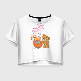 Женская футболка Crop-top 3D с принтом С днем рождения Медвежонок  11 в Санкт-Петербурге, 100% полиэстер | круглая горловина, длина футболки до линии талии, рукава с отворотами | девочка | день рождения | дочка | малыш | малышка | мальчик | панда | плюшевый мишка | подарок | сын