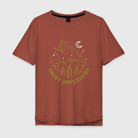 Мужская футболка хлопок Oversize с принтом Увлекательное ночное приключение в Тюмени, 100% хлопок | свободный крой, круглый ворот, “спинка” длиннее передней части | fangs | forest | moon | mountains | muzzle | stars | wolf | волк | горы | звёзды | клыки | лес | луна