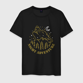 Мужская футболка хлопок с принтом Увлекательное ночное приключение в Белгороде, 100% хлопок | прямой крой, круглый вырез горловины, длина до линии бедер, слегка спущенное плечо. | fangs | forest | moon | mountains | muzzle | stars | wolf | волк | горы | звёзды | клыки | лес | луна