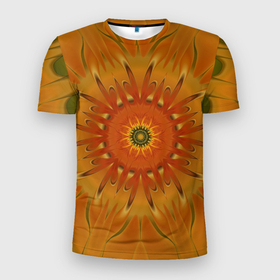 Мужская футболка 3D Slim с принтом Осеннее солнце. Абстракция. в Белгороде, 100% полиэстер с улучшенными характеристиками | приталенный силуэт, круглая горловина, широкие плечи, сужается к линии бедра | Тематика изображения на принте: abstraction | autumn | fractal | orange | round | sun | абстракция | круглый | оранжевый | осенний | солнце | фрактал