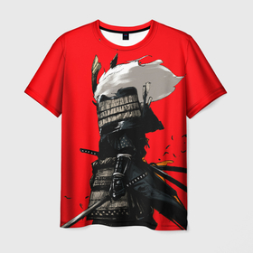 Мужская футболка 3D с принтом Самурай сёгун на красном фоне в Екатеринбурге, 100% полиэфир | прямой крой, круглый вырез горловины, длина до линии бедер | Тематика изображения на принте: samurai | wano kuni | ниндзя | путь война | самурай | семь самураев | токио | черный самурай | японский самурай