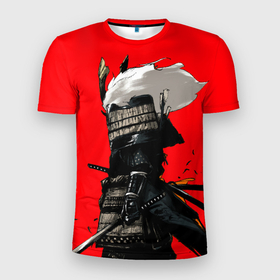 Мужская футболка 3D Slim с принтом Самурай сёгун на красном фоне , 100% полиэстер с улучшенными характеристиками | приталенный силуэт, круглая горловина, широкие плечи, сужается к линии бедра | samurai | wano kuni | ниндзя | путь война | самурай | семь самураев | токио | черный самурай | японский самурай