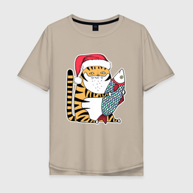 Мужская футболка хлопок Oversize с принтом Тигр с большой рыбой , 100% хлопок | свободный крой, круглый ворот, “спинка” длиннее передней части | 2022 | год тигра | новый год | новый год 2022 | символ года | тигр | тигренок | тигрица | тигры