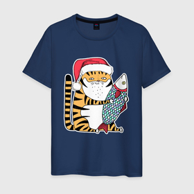 Мужская футболка хлопок с принтом Тигр с большой рыбой в Санкт-Петербурге, 100% хлопок | прямой крой, круглый вырез горловины, длина до линии бедер, слегка спущенное плечо. | Тематика изображения на принте: 2022 | год тигра | новый год | новый год 2022 | символ года | тигр | тигренок | тигрица | тигры