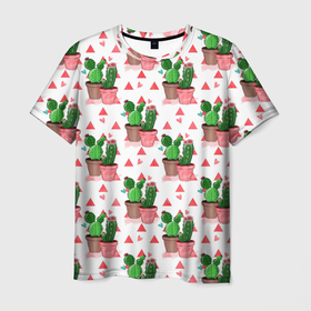 Мужская футболка 3D с принтом Кактусы в горшках в Петрозаводске, 100% полиэфир | прямой крой, круглый вырез горловины, длина до линии бедер | горшок | иголки | кактус | кактусы | цветы