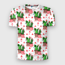 Мужская футболка 3D Slim с принтом Кактусы в горшках в Екатеринбурге, 100% полиэстер с улучшенными характеристиками | приталенный силуэт, круглая горловина, широкие плечи, сужается к линии бедра | горшок | иголки | кактус | кактусы | цветы