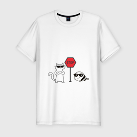 Мужская футболка хлопок Slim с принтом Stop | Стоп | Кот и рыба в Петрозаводске, 92% хлопок, 8% лайкра | приталенный силуэт, круглый вырез ворота, длина до линии бедра, короткий рукав | деловой кот | знак стоп | кот | кот и рыба | рыба | стоп | толстовка с рыбой | футболка с котом | худи с котом