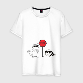 Мужская футболка хлопок с принтом Stop | Стоп | Кот и рыба в Белгороде, 100% хлопок | прямой крой, круглый вырез горловины, длина до линии бедер, слегка спущенное плечо. | деловой кот | знак стоп | кот | кот и рыба | рыба | стоп | толстовка с рыбой | футболка с котом | худи с котом