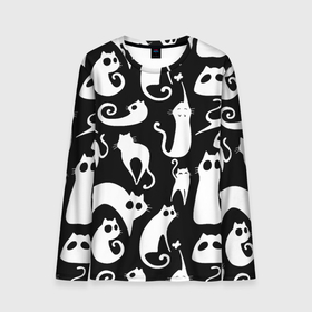 Мужской лонгслив 3D с принтом Белые коты на черном фоне в Тюмени, 100% полиэстер | длинные рукава, круглый вырез горловины, полуприлегающий силуэт | cat | животные | звири | кис | киска | кот | котейка | котик | коты | котяра | кошка | кошки | природа