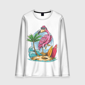 Мужской лонгслив 3D с принтом Фламинго На Острове в Петрозаводске, 100% полиэстер | длинные рукава, круглый вырез горловины, полуприлегающий силуэт | животные | лето | модные | море | океан | остров | отдых | популярные | солнце | тренд | фламинго