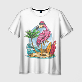 Мужская футболка 3D с принтом Фламинго На Острове в Тюмени, 100% полиэфир | прямой крой, круглый вырез горловины, длина до линии бедер | животные | лето | модные | море | океан | остров | отдых | популярные | солнце | тренд | фламинго