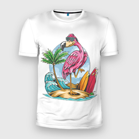 Мужская футболка 3D Slim с принтом Фламинго На Острове в Екатеринбурге, 100% полиэстер с улучшенными характеристиками | приталенный силуэт, круглая горловина, широкие плечи, сужается к линии бедра | животные | лето | модные | море | океан | остров | отдых | популярные | солнце | тренд | фламинго