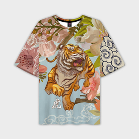 Мужская футболка OVERSIZE 3D с принтом Китайский тигр | Символ 2022 года ,  |  | 2022 | 2022 тигр | восточный тигр | восточный узор | иероглиф тигра | китай | китайский пейзаж | китайский тигр | новый год | тигр | тигр 2022 | тигр китайский