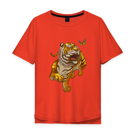 Мужская футболка хлопок Oversize с принтом Тигр и бабочка | Символ 2022 года , 100% хлопок | свободный крой, круглый ворот, “спинка” длиннее передней части | 2022 | 2022 тигр | бабочка | бабочка и тигр | бабочки | восточный тигр | восточный узор | иероглиф тигра | китай | китайский пейзаж | китайский тигр | новый год | тигр | тигр 2022 | тигр и бабочка