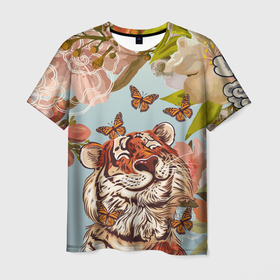 Мужская футболка 3D с принтом Тигр и бабочки , 100% полиэфир | прямой крой, круглый вырез горловины, длина до линии бедер | 2022 | 2022 тигр | бабочка | бабочка и тигр | бабочки | восточный тигр | восточный узор | иероглиф тигра | китай | китайский пейзаж | китайский тигр | новый год | тигр | тигр 2022 | тигр и бабочка