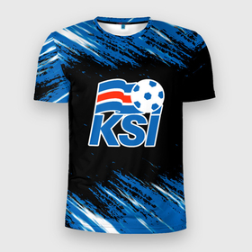Мужская футболка 3D Slim с принтом KSI ICELAND   сборная. в Екатеринбурге, 100% полиэстер с улучшенными характеристиками | приталенный силуэт, круглая горловина, широкие плечи, сужается к линии бедра | fc | football | iceland | ksi | исландия | кси | сборная исландии | спорт | спортивные | фирменные цвета | фк | футбол | футбольный клуб
