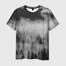 Мужская футболка 3D с принтом ТУМАННЫЙ ЛЕС | FOREST в Кировске, 100% полиэфир | прямой крой, круглый вырез горловины, длина до линии бедер | Тематика изображения на принте: forest | деревья | дым | лес | мрачный лес | природа | туман