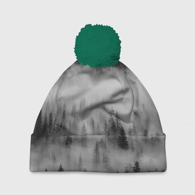 Шапка 3D c помпоном с принтом ТУМАННЫЙ ЛЕС | FOREST в Петрозаводске, 100% полиэстер | универсальный размер, печать по всей поверхности изделия | Тематика изображения на принте: forest | деревья | дым | лес | мрачный лес | природа | туман