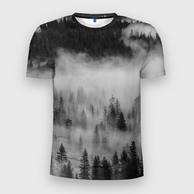 Мужская футболка 3D Slim с принтом ТУМАННЫЙ ЛЕС | FOREST в Петрозаводске, 100% полиэстер с улучшенными характеристиками | приталенный силуэт, круглая горловина, широкие плечи, сужается к линии бедра | forest | деревья | дым | лес | мрачный лес | природа | туман