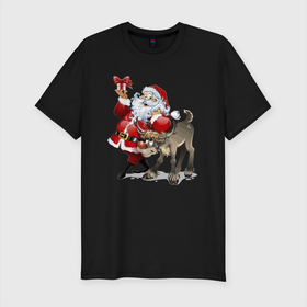 Мужская футболка хлопок Slim с принтом Прикольный дедуля с подарком и олень в Белгороде, 92% хлопок, 8% лайкра | приталенный силуэт, круглый вырез ворота, длина до линии бедра, короткий рукав | beard | gift | holiday | merry christmas | moustache | new year | santa klaus | борода | дед мороз | новый год | олень | подарок | праздник | рождество | усы