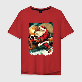 Мужская футболка хлопок Oversize с принтом Дед Мороз спешит с подарками , 100% хлопок | свободный крой, круглый ворот, “спинка” длиннее передней части | gift | holiday | merry christmas | new year | santa klaus | snow | дед мороз | новый год | подарок | праздник | рождество | снег
