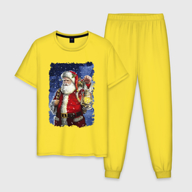 Мужская пижама хлопок с принтом Santa Claus shines a lantern , 100% хлопок | брюки и футболка прямого кроя, без карманов, на брюках мягкая резинка на поясе и по низу штанин
 | beard | blizard | eyes | holiday | lantern | merry christmas | moustache | new year | santa klaus | snow | борода | глаза | дед мороз | новый год | очки | праздник | пурга | рождество | снег | усы | фонарь