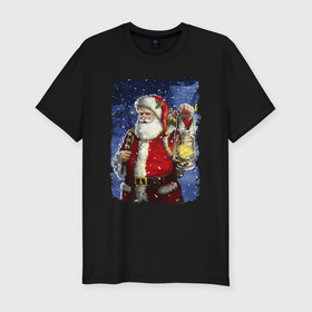Мужская футболка хлопок Slim с принтом Santa Claus shines a lantern в Белгороде, 92% хлопок, 8% лайкра | приталенный силуэт, круглый вырез ворота, длина до линии бедра, короткий рукав | Тематика изображения на принте: beard | blizard | eyes | holiday | lantern | merry christmas | moustache | new year | santa klaus | snow | борода | глаза | дед мороз | новый год | очки | праздник | пурга | рождество | снег | усы | фонарь