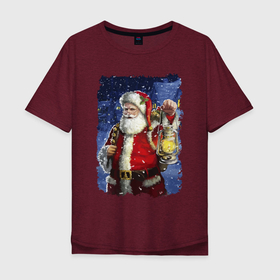 Мужская футболка хлопок Oversize с принтом Santa Claus shines a lantern в Белгороде, 100% хлопок | свободный крой, круглый ворот, “спинка” длиннее передней части | Тематика изображения на принте: beard | blizard | eyes | holiday | lantern | merry christmas | moustache | new year | santa klaus | snow | борода | глаза | дед мороз | новый год | очки | праздник | пурга | рождество | снег | усы | фонарь