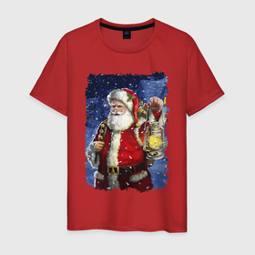 Мужская футболка хлопок с принтом Santa Claus shines a lantern в Санкт-Петербурге, 100% хлопок | прямой крой, круглый вырез горловины, длина до линии бедер, слегка спущенное плечо. | beard | blizard | eyes | holiday | lantern | merry christmas | moustache | new year | santa klaus | snow | борода | глаза | дед мороз | новый год | очки | праздник | пурга | рождество | снег | усы | фонарь