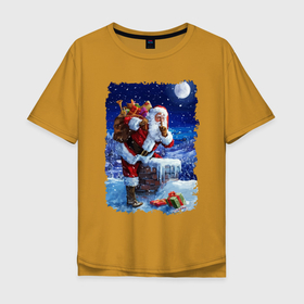 Мужская футболка хлопок Oversize с принтом Дед Мороз с подарками на крыше в Кировске, 100% хлопок | свободный крой, круглый ворот, “спинка” длиннее передней части | beard | chimney | gifts | icicles | moustache | new year | night | roof | santa klaus | snow | winter | борода | дед мороз | зима | крыша | новый год | ночь | подарки | снег | сосульки | труба | усы