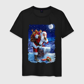 Мужская футболка хлопок с принтом Дед Мороз с подарками на крыше в Екатеринбурге, 100% хлопок | прямой крой, круглый вырез горловины, длина до линии бедер, слегка спущенное плечо. | beard | chimney | gifts | icicles | moustache | new year | night | roof | santa klaus | snow | winter | борода | дед мороз | зима | крыша | новый год | ночь | подарки | снег | сосульки | труба | усы